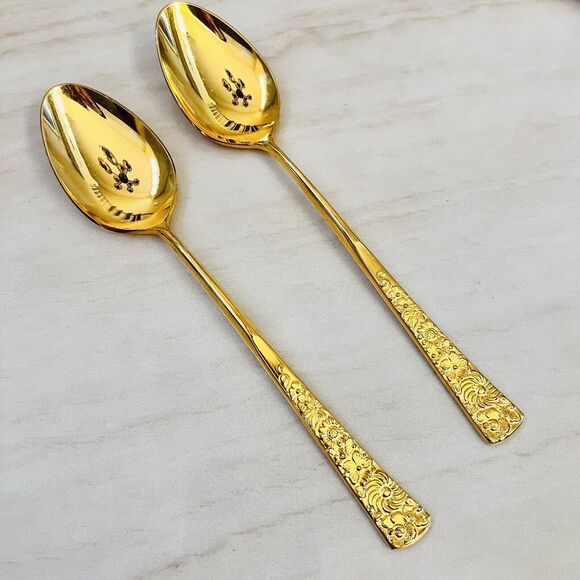 STANLEY ROBERTS Golden Flower Garden (Gold Electroplate) 4pc Flatware Spoon Fork - Picture 3 of 10